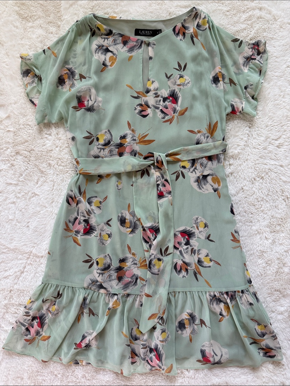 Lauren Ralph Lauren Flowy Floral Georgette Dress Women's 6 Green Belted Ruffle